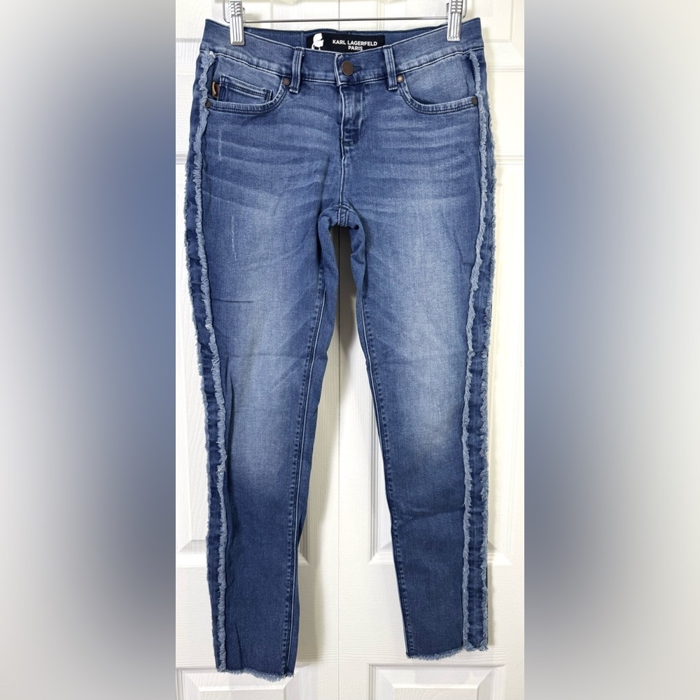 Karl Lagerfeld Paris Frayed Side Stripe Skinny Jeans Raw Hem Size 2